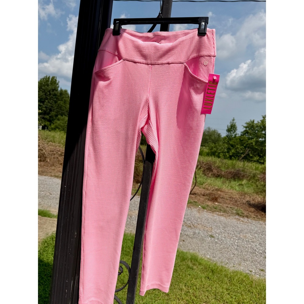Lilly Pulitzer Luxletic Weekender Crop Leggings Pink Seersucker Stripe Womens 8